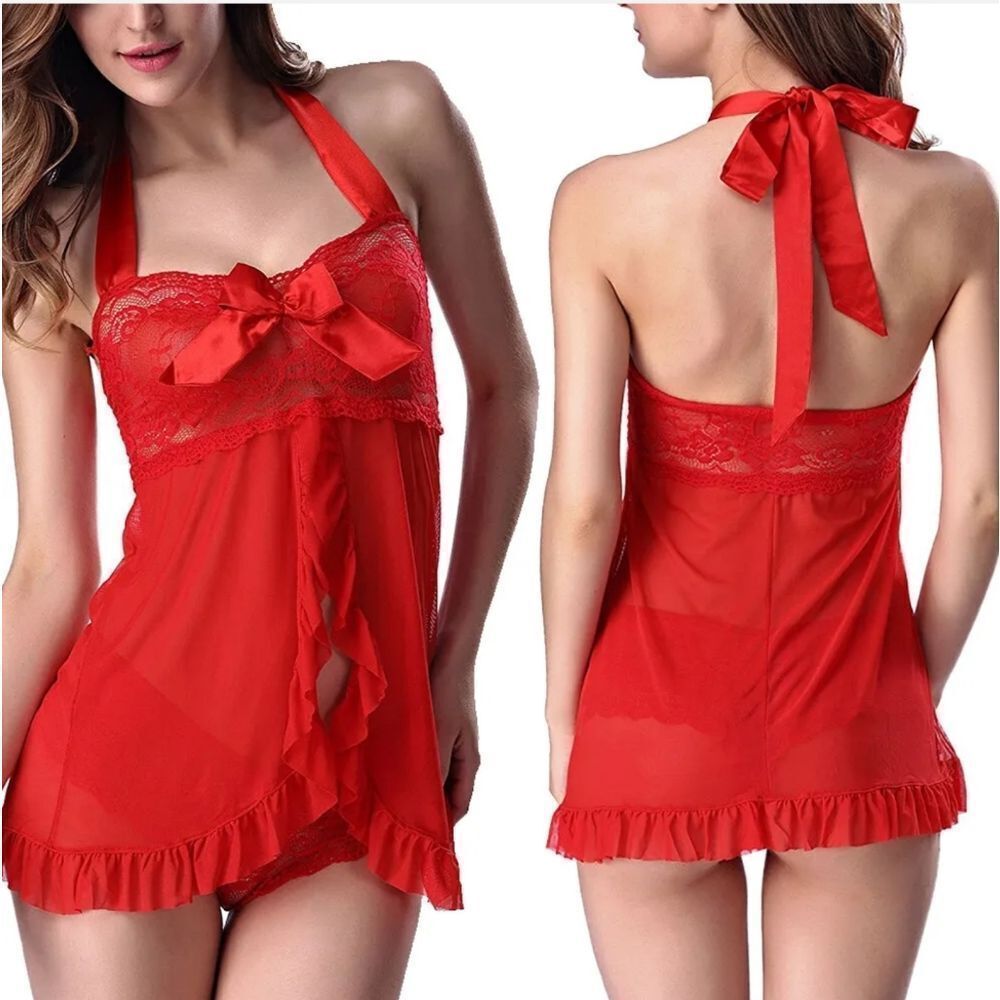 Christmas Women Sexy Lingerie Red Lace Halter Open Front Babydoll Sleepwear US